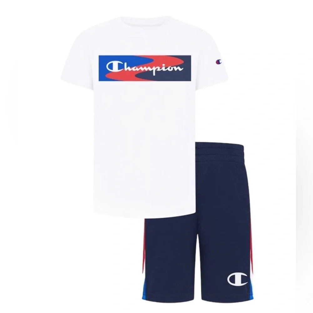 Champion Boy’s White Wavy Crewneck Tee & Navy Shorts - Picture 1 of 3